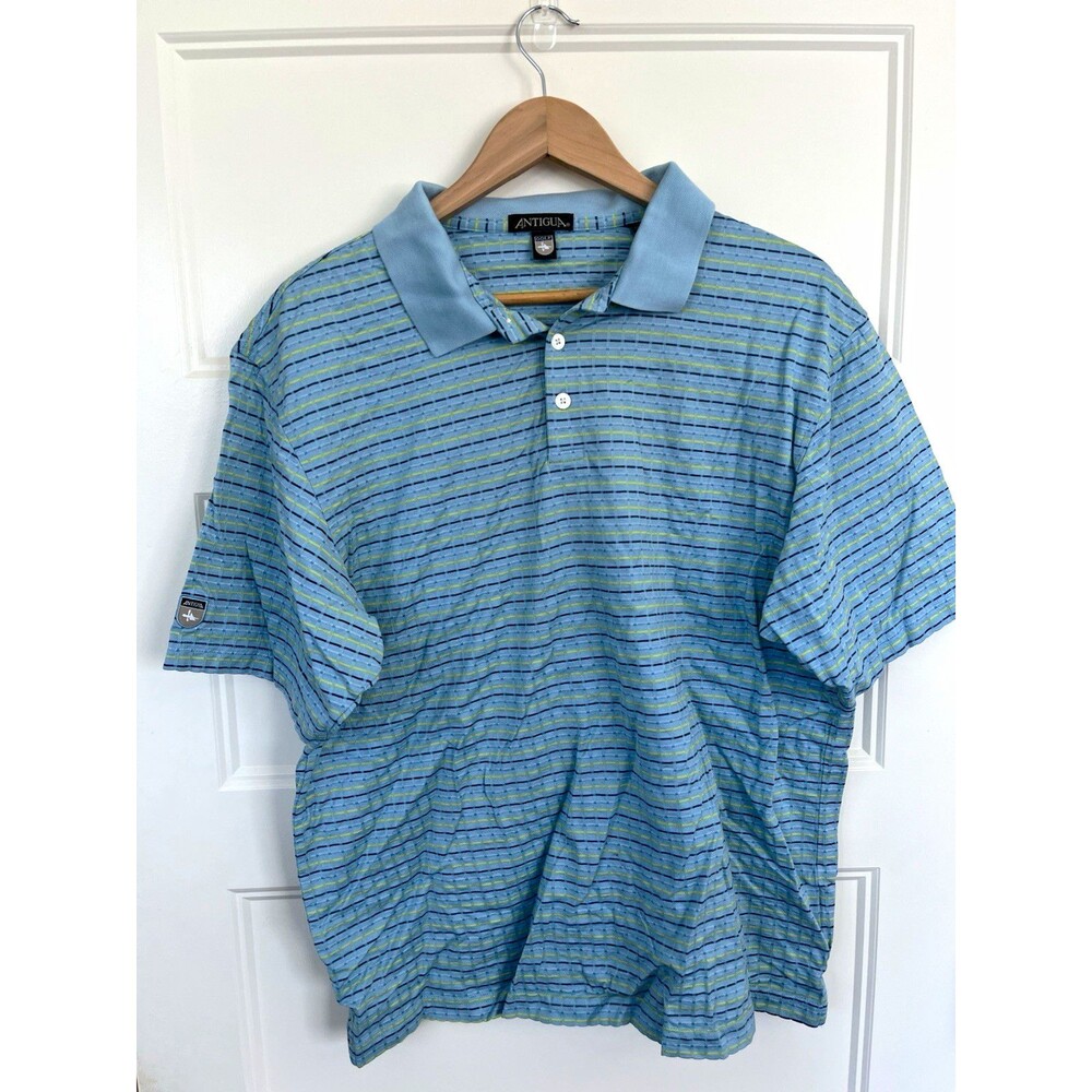 Antigua Golf Polo Shirt Mens XXL Blue Green Striped Performance Short Sleeve